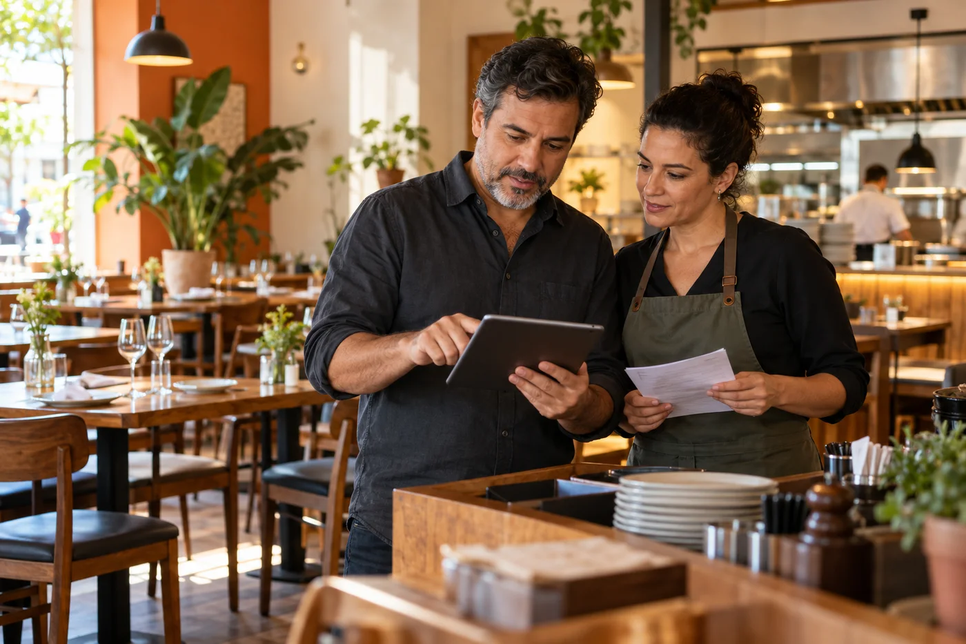Dono e gerente de restaurante analisando a operação juntos; cena ilustrativa
